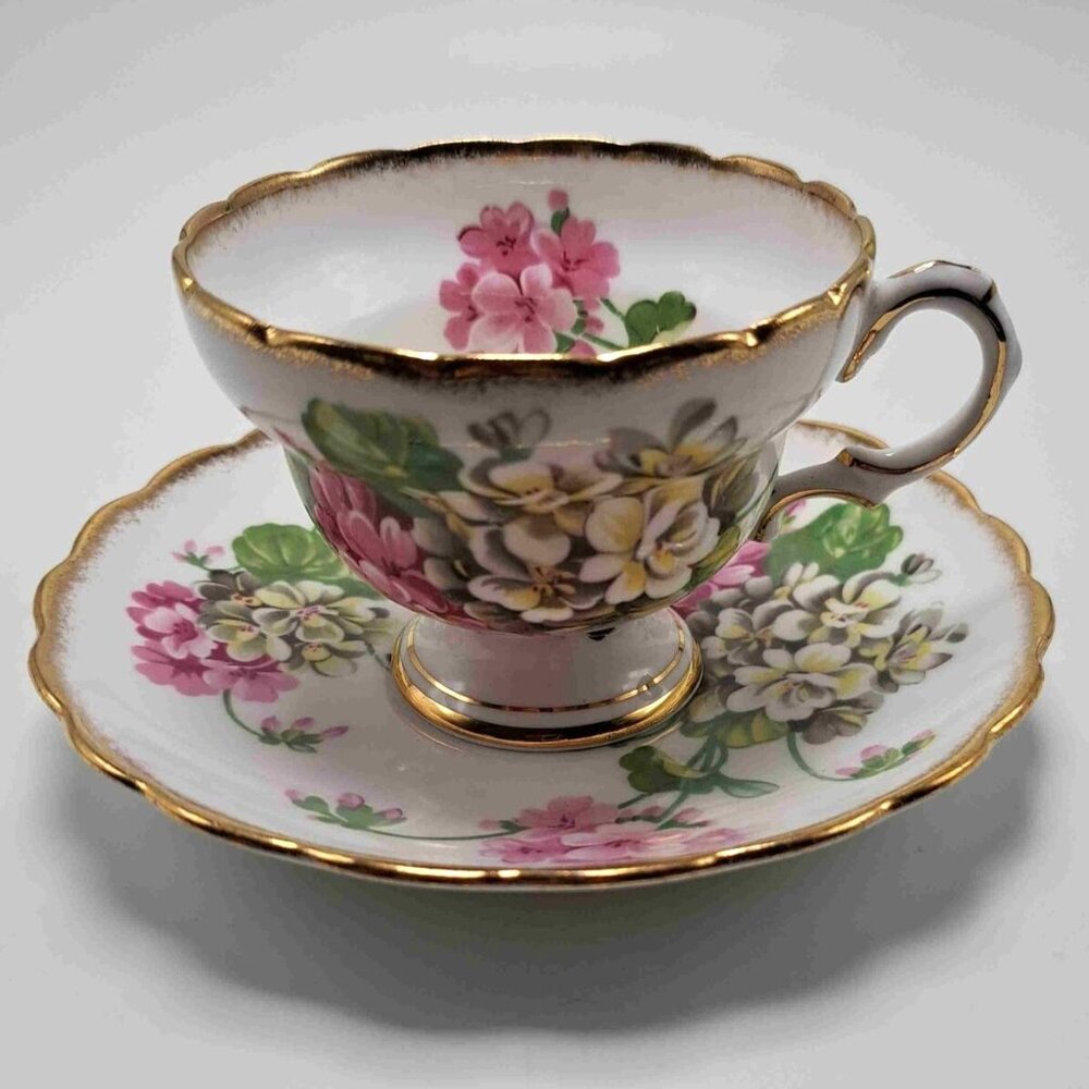 Rosina Teacup Saucer Pink White Floral Gold Trim Vintage Decor Collectible